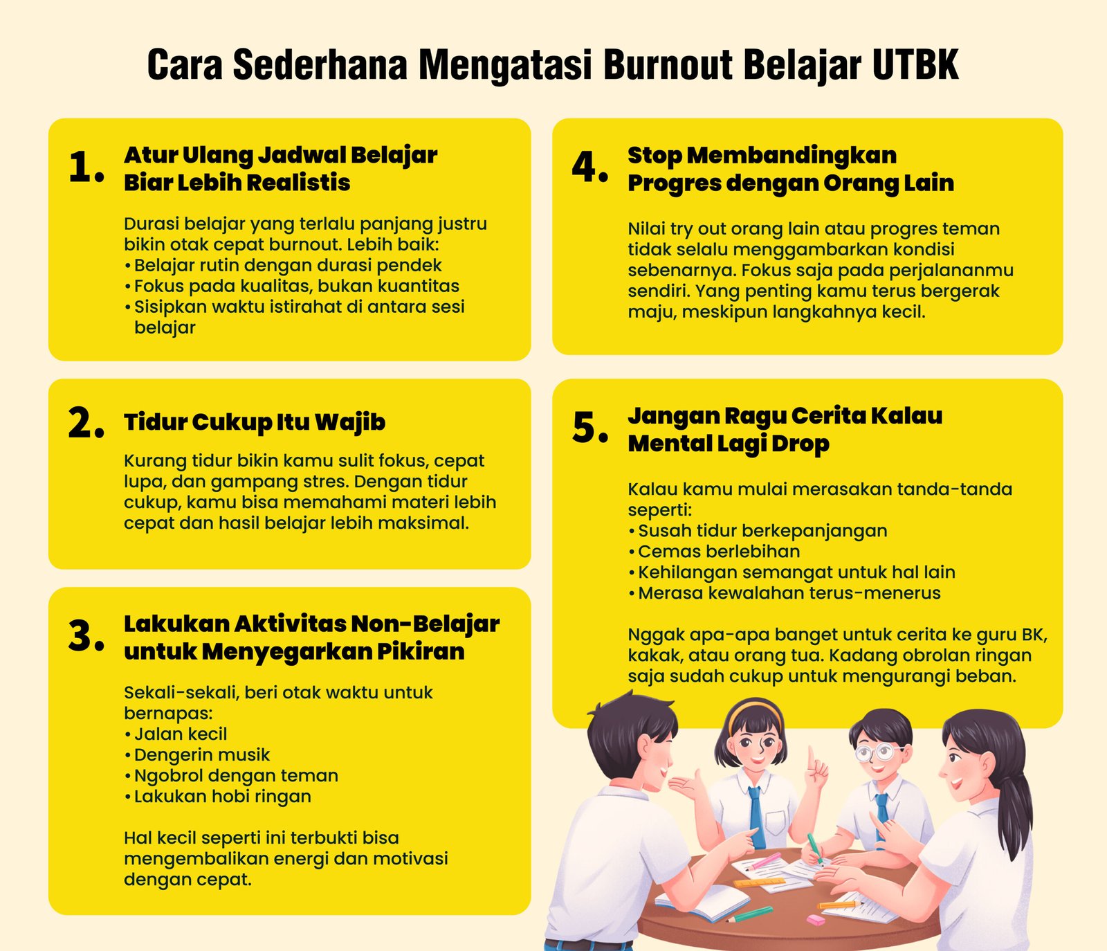 Siswa SMA belajar UTBK sambil menjaga kesehatan mental, menunjukkan tips mencegah burnout dengan manajemen waktu, istirahat, dan persiapan yang seimbang.