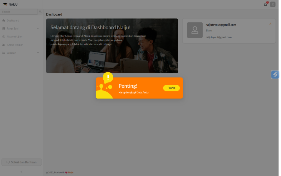 Pop-up Penting Harap Lengkapi Data Anda di dashboard Naiju