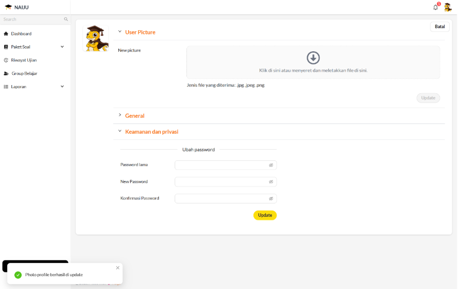 Pengaturan foto profil dan menu Keamanan dan privasi di dashboard Naiju