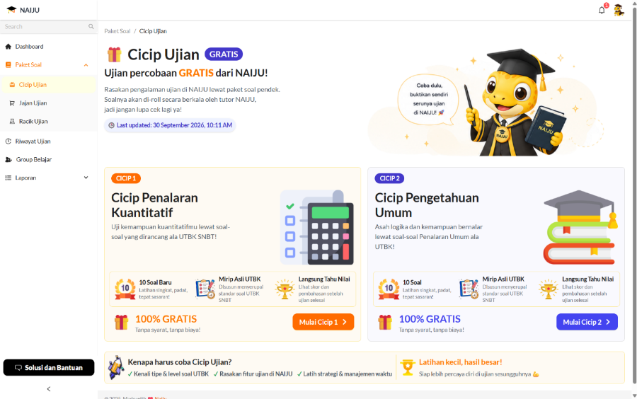 Halaman Cicip Ujian gratis di Naiju