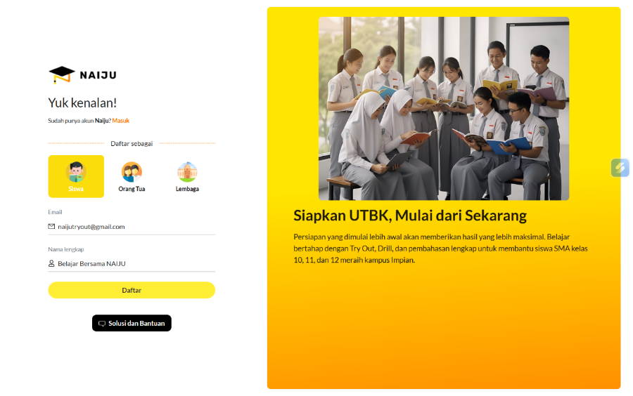 Formulir registrasi akun Naiju dengan email aktif dan nama lengkap