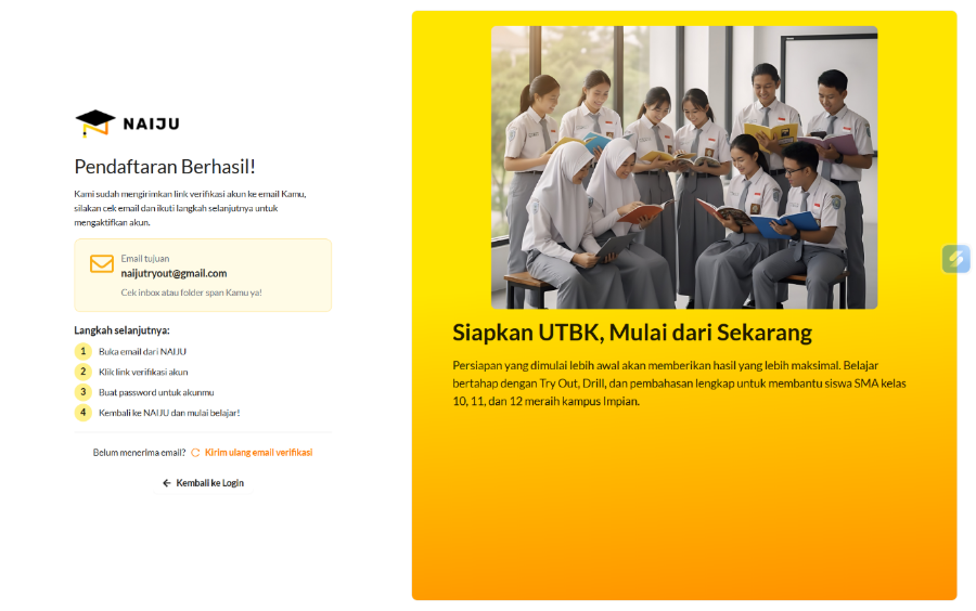Notifikasi Pendaftaran Berhasil dan langkah verifikasi email Naiju