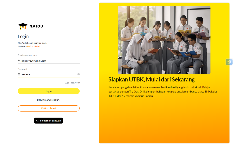 Halaman login Naiju Academy setelah akun terverifikasi
